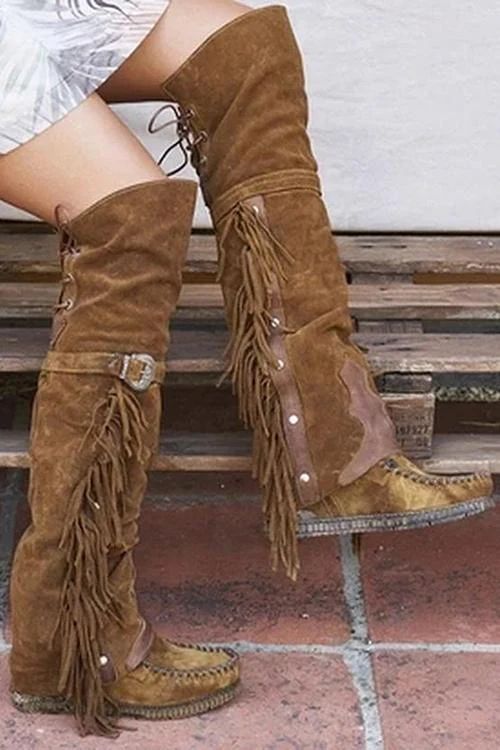 Tassels Buckle Tall Boots 5-Black Bohemian Suede Boots With Tassels, Bohemian Style Fringe Suede Boots, Western Boots With Tassels And Round Toe, Bohemian Suede Boots With Fringe, Bohemian Suede Fringe Boots, Bohemian Leather Boots With Fringe, Western Style Boots With Tassels For Fall, Western Boots With Tassels For Fall, Festival Leather Fringe Boots