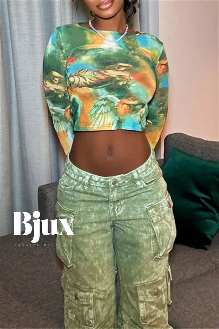 Bjux - Contemporary Basic O Neck Tops with Stylish Print Fitted Green Bottoms With Graphic Print, Tie Dye Fashion, Shirt Tie, Shirt Fabric, Pullover Shirt, Crop Shirt, Latest Fashion Trends, Sleeve Styles, Shirt Style