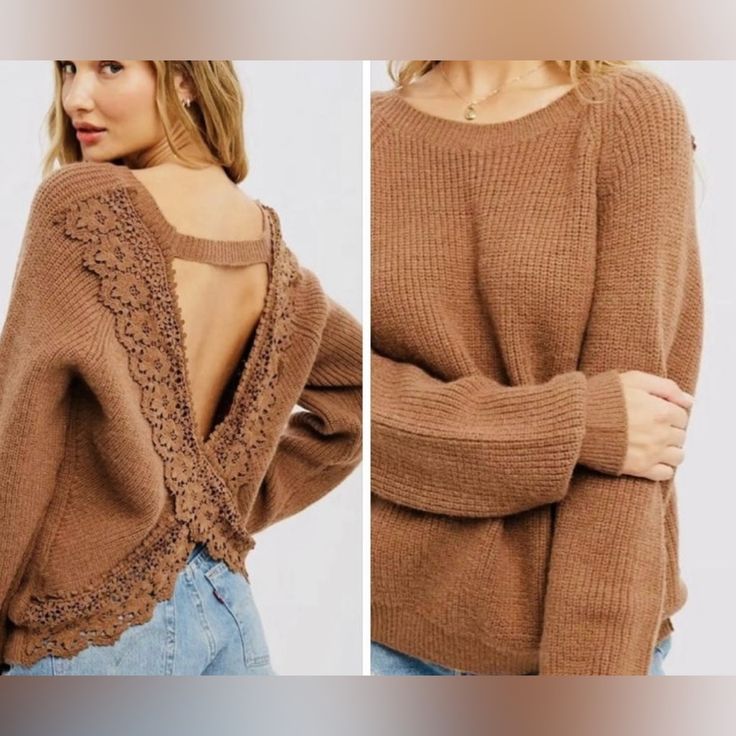 Knit Sweater With Open Crisscross Back Detailing Lace Knit Brown Open Knit Top For Fall, Bohemian Pointelle Knit Top For Fall, Brown Open Knit Crochet Top For Fall, Brown Open Knit Top, Winter Pointelle Knit Crochet Top, Cozy Knit Crochet Top For Fall, Bohemian Open Knit Top For Winter, Bohemian Winter Open Knit Top, Winter Bohemian Open Knit Top