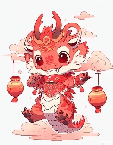 a red and white dragon with two lanterns hanging from it's sides, in front of