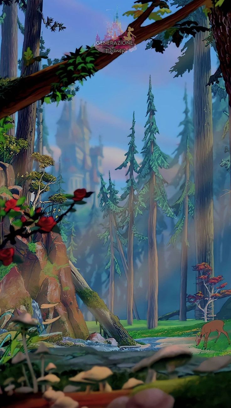 an animated forest scene with trees and flowers