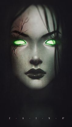 the face of a woman with green eyes and dark hair is illuminated by neon lights