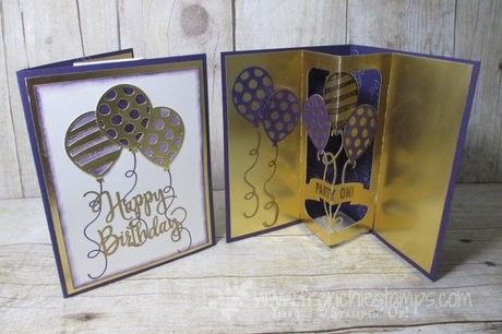 two cards with balloons and the words balloon pop - up in gold foil for lizie