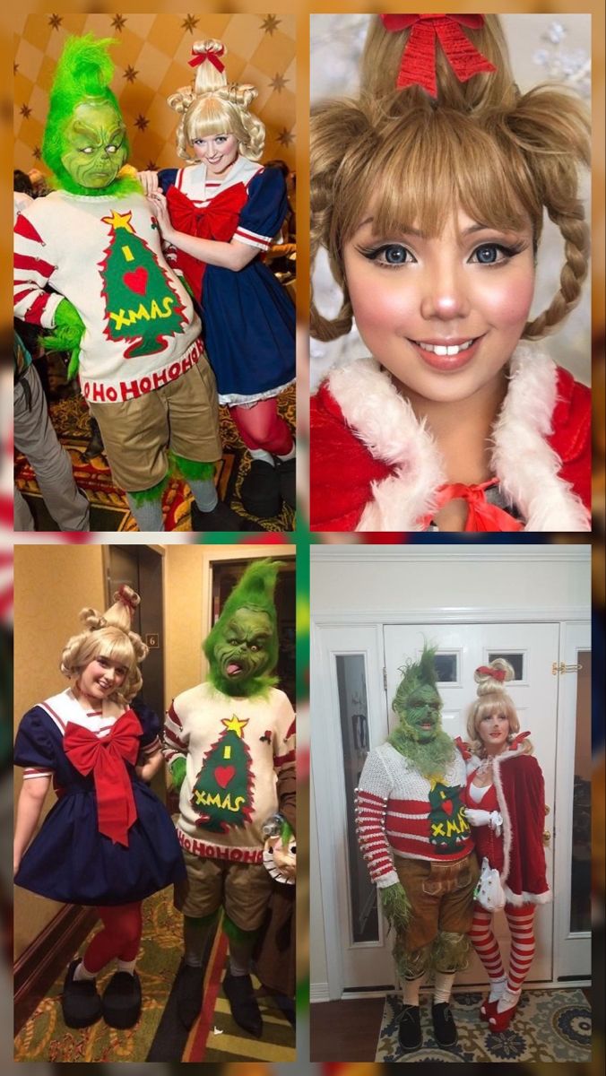 there are many pictures of people dressed as christmas carol the elf and santa claus in different outfits