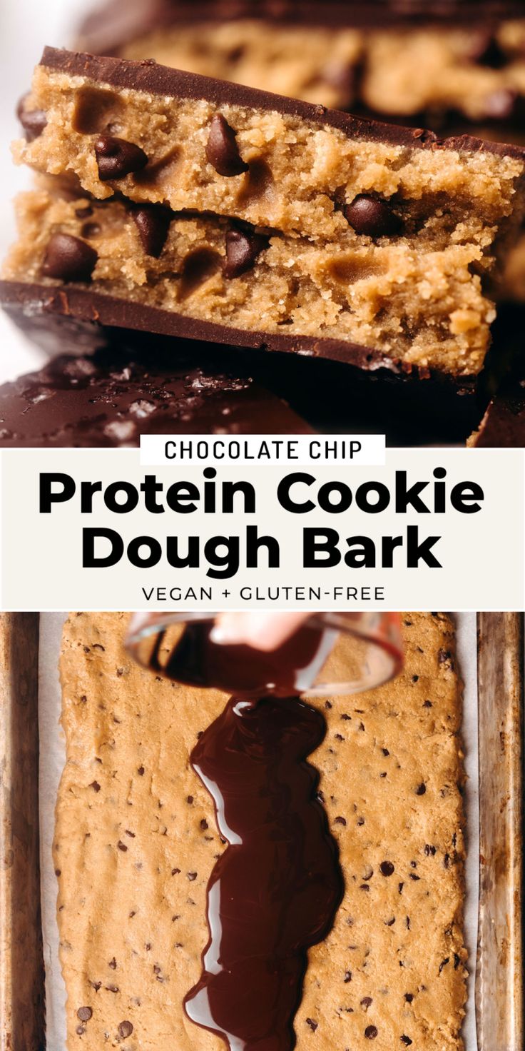 chocolate chip protein cookie dough bark with text overlay