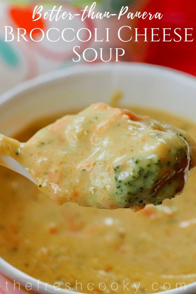 a spoon full of broccoli cheese soup with the title text above it that reads, better than - panera broccoli cheese soup