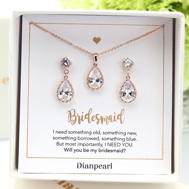 the bridesmaid necklace and earring set is in its box