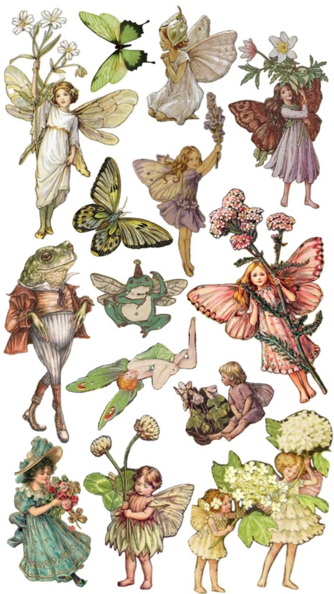 an assortment of fairy images on a white background