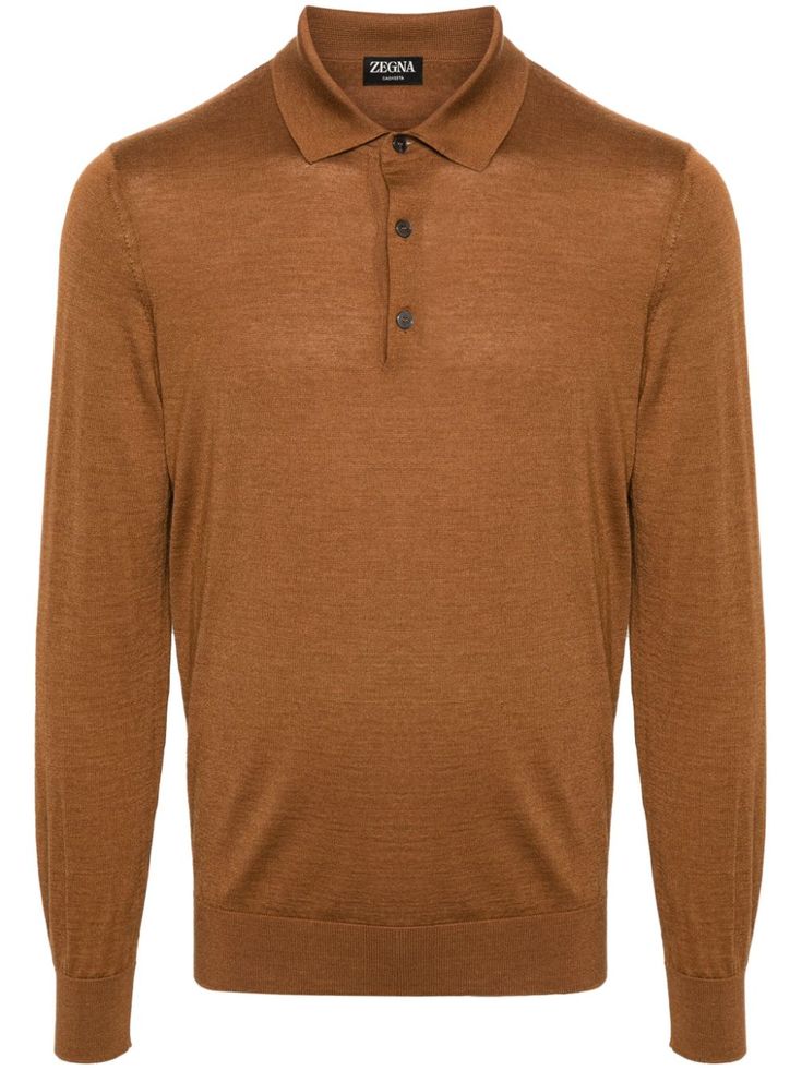 cognac brown cashmere-silk blend knitted construction fine knit polo collar long sleeves ribbed cuffs and hem straight hem short front button fastening Button Down Polo, City Shorts, Knit Polo, Balenciaga Triple S, Polo Sweater, Summer Beach Wear, Sweaters Knitwear, Long Sleeve Polo, Polo Collar