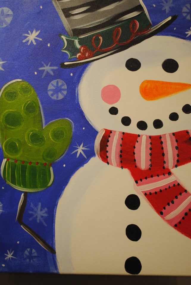 a painting of a snowman wearing a hat and scarf