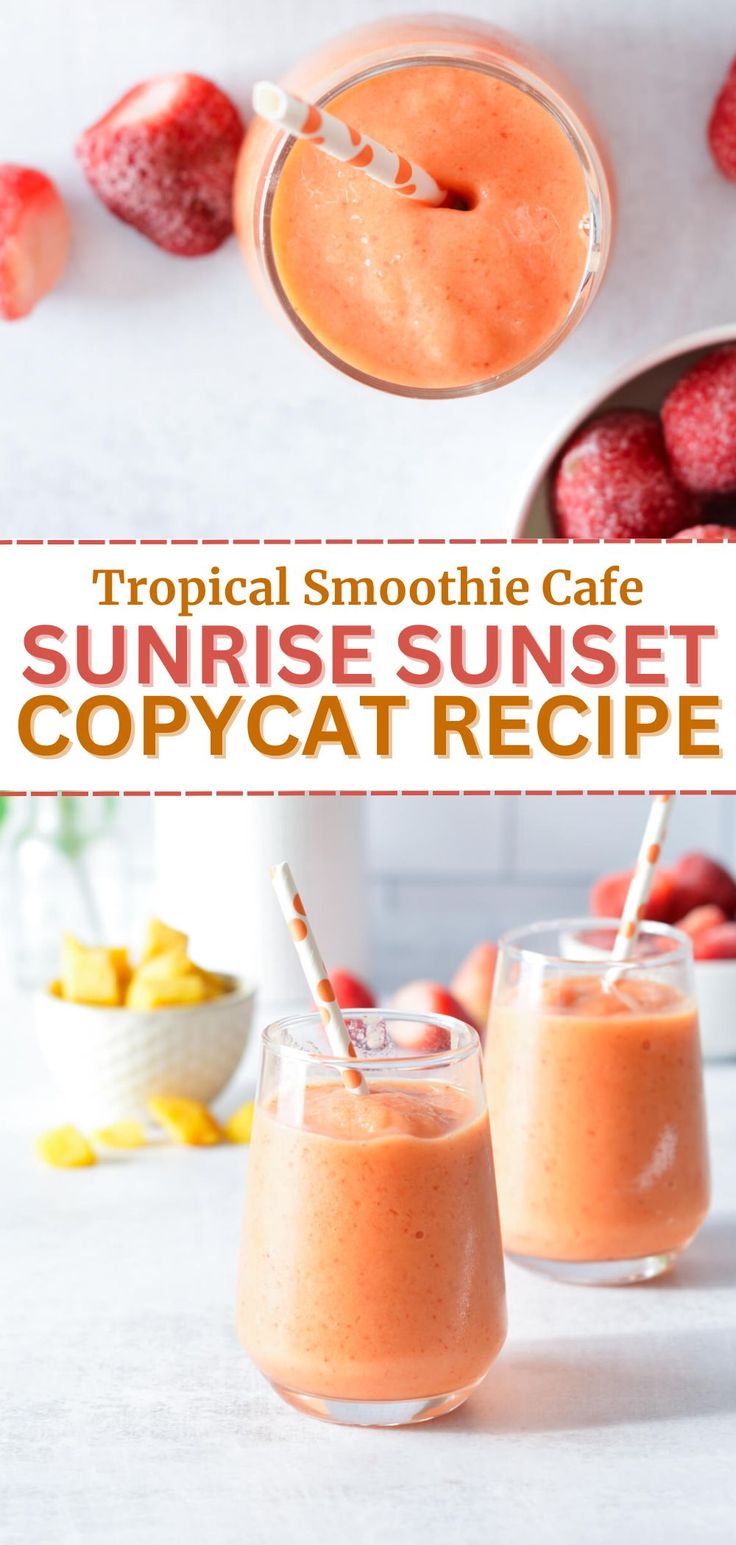 strawberry mango smoothies Sunrise Sunset Smoothie, Sunset Smoothie, Tropical Smoothie Recipes, Tropical Smoothie Cafe, Mango Smoothie Recipes, Fruit Smoothie Recipes Healthy, Banana Drinks, Summer Smoothies, Smoothie Drink Recipes