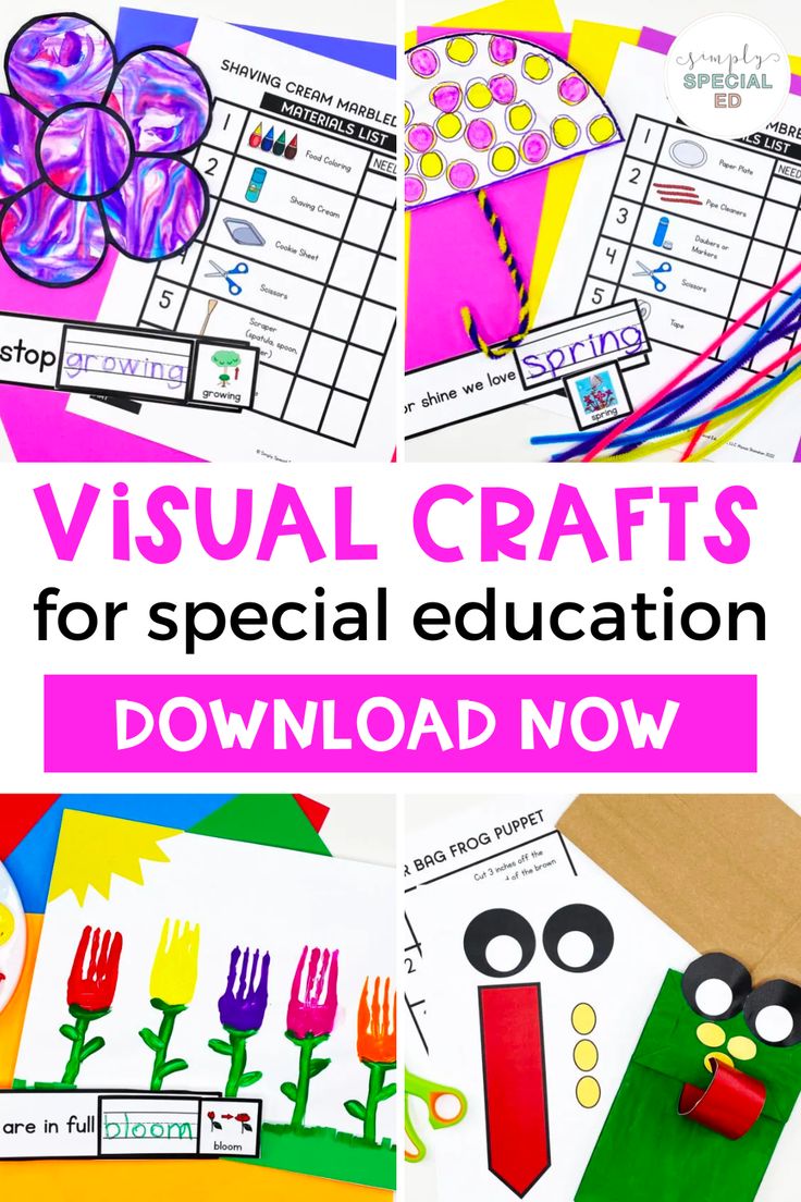 colorful crafts for special education with text overlay that reads visual crafts for special education