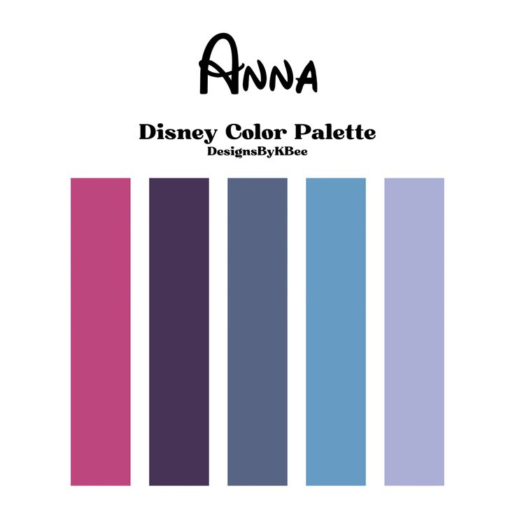 the disney color palette is shown in purple, blue, and pink colors with black lettering