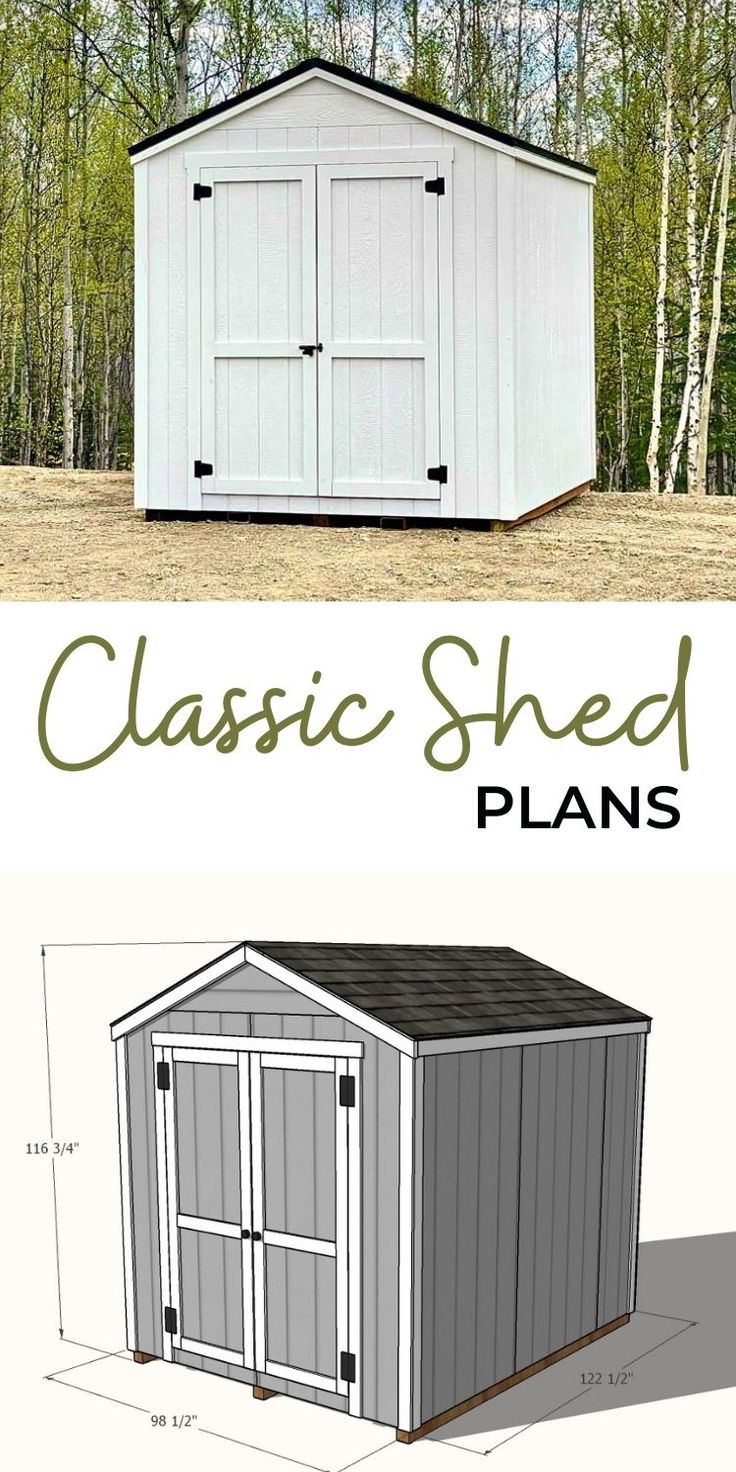 a shed with the words classic shed plans on it and an image of a building