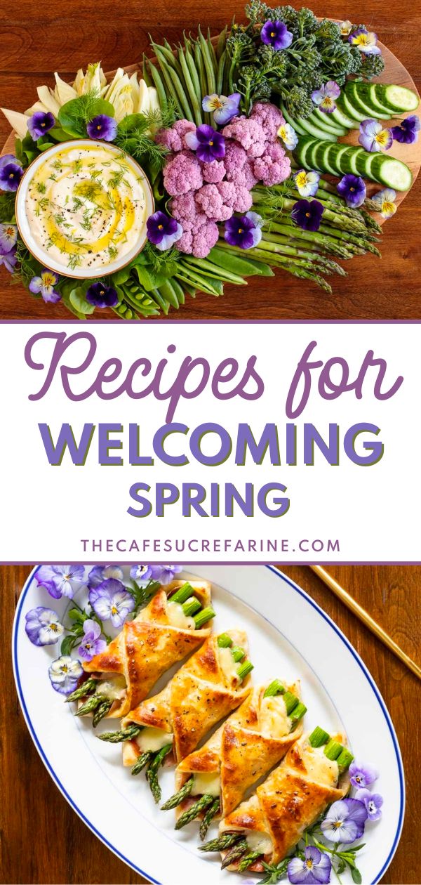 the recipe for welcoming spring is displayed on a plate with purple flowers and green leaves