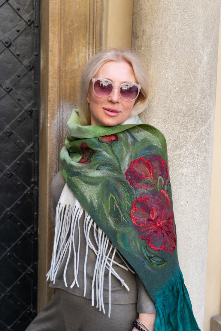 Mirino wool and margilan silk, it is very beautiful combination. Flowers on the scarf embroidered silk thread’s Embroidered Silk Scarf, Reference Clothes, Background Flowers, Silk Stoles, Nuno Felt, Embroidered Scarf, Stole Scarf, Nuno Felting, Silk Embroidery