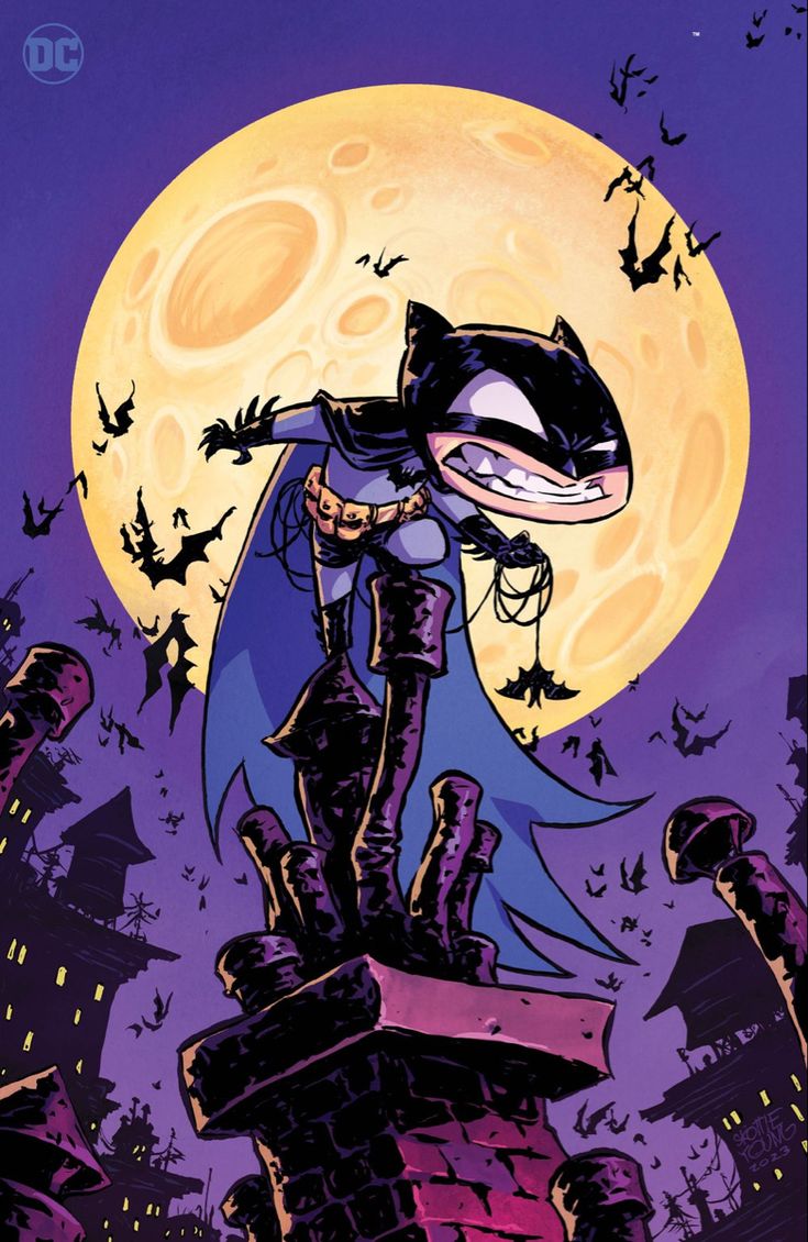 the batman is standing on top of a building in front of a full moon and bats