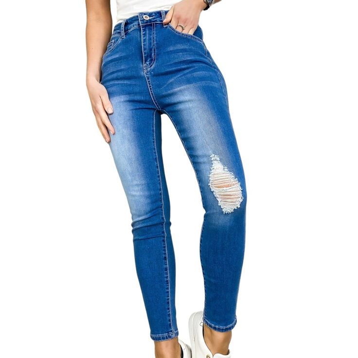 Elevate your denim collection with our High Waisted Denim Skinny Jeans. Made from premium stretch denim, these jeans feature a high rise design, distressed ripped knees, and functional pockets, providing both style and comfort for all-day wear. High Waist Ripped Jeans In Medium Wash, High Waist Ripped Cropped Jeans In Medium Wash, Ripped High Waist Cropped Jeans In Medium Wash, High Waist Ripped Cropped Denim Jeans, Ripped High Waist Cropped Denim Jeans, Ripped High-waist Cropped Jeans, High Waist Distressed Denim Jeans, Ripped High Waist Non-stretch Jeans, High Waist Non-stretch Ripped Jeans