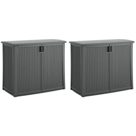 two gray plastic storage cabinets on white background