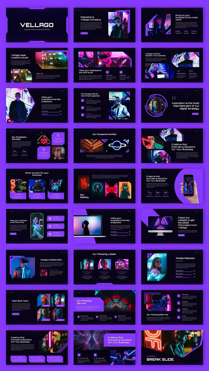 a purple and black presentation board with many different images on the front, side and back