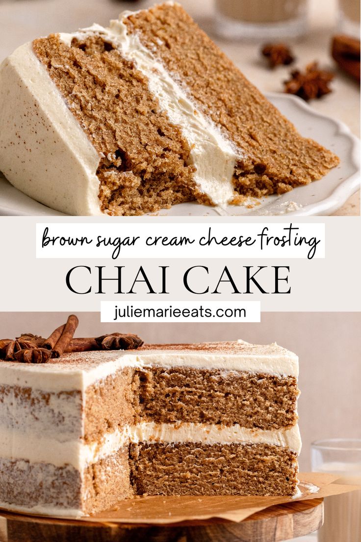 this is a slice of brown sugar cream cheese frosting chai cake