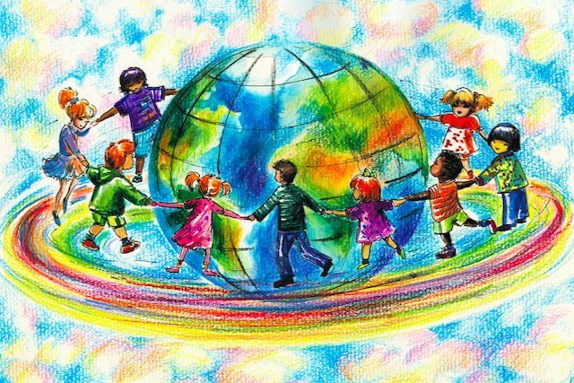 children holding hands and dancing around the world in colored pencils greeting card by anasia art