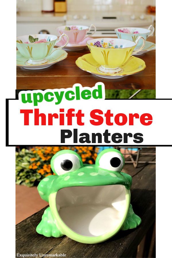 there is a froggy - eyed thrift store planter on the table