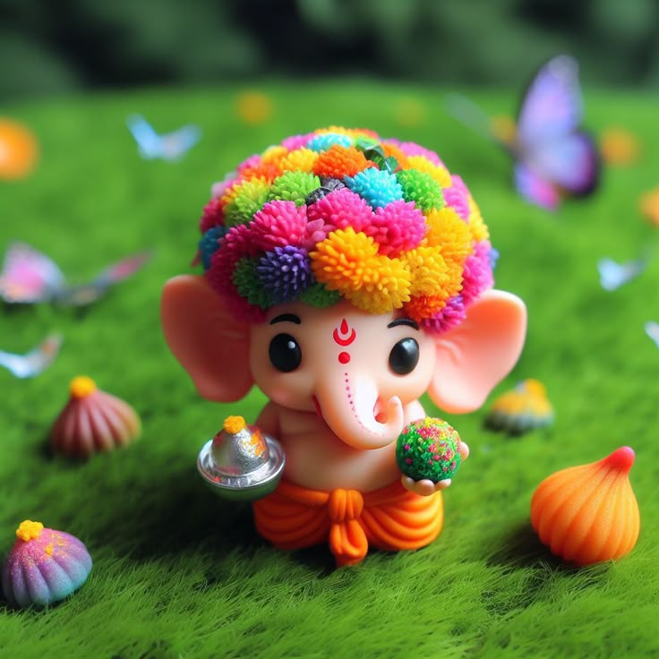 there is a small statue of an elephant with flowers on it's head and in the grass