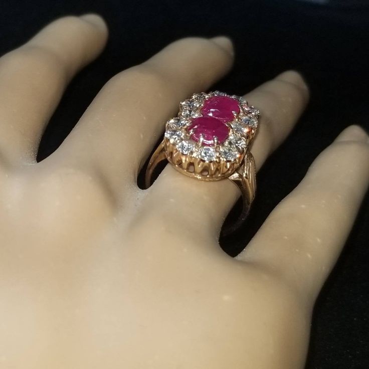 Gorgeous vintage art deco filigree 14k yellow gold natural ruby ring Circ 1920's center set two natural ruby oval shape weight 4.88ct. Size 7.5x6.8mm This stunning ruby is untreated ruby origin Africa lively,nice cut. Gorgeous red color, Side set natural round diamonds weight 1.55ct VS1-G very clean diamonds very brilliant sparkly stones. this ring is tremendously old ring circ 1920's in excellent condition. ring size 7 Resizable Retail value $10,500 net. Appraisal available Classic Ruby Jewelry With Rose Cut Diamonds, Oval Lab-created Ruby Rings For Formal Events, Oval Lab-created Ruby Rings For Formal Occasions, Victorian Oval Red Diamond Ring, Oval Diamond Cluster Ring Collectible, Fine Jewelry Ruby Cluster Ring Stamped 14k, Formal Emerald-cut Lab-created Ruby Jewelry, Victorian Style Red Oval Diamond Ring, Fine Jewelry Lab-created Ruby Ring