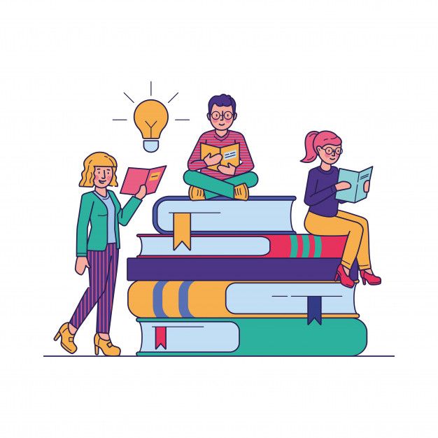 three people sitting on top of books with an idea lightbulb above them