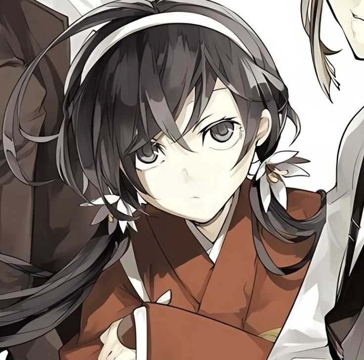 an anime character with long black hair and brown eyes is standing in front of two other characters