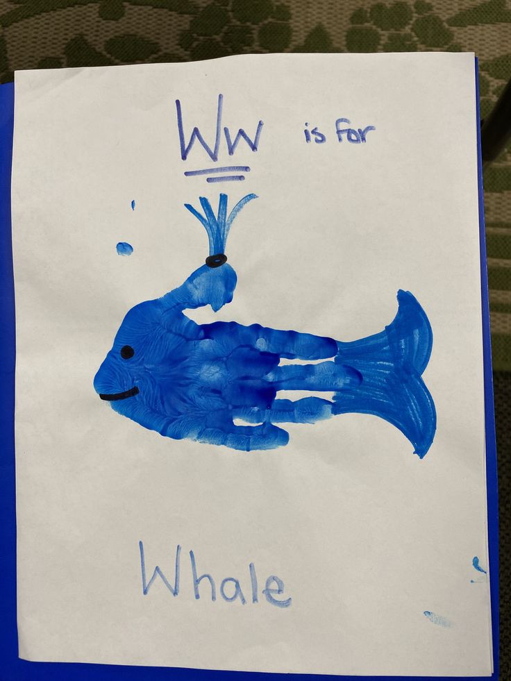 a paper with a drawing of a blue fish and the words ww is for whale on it