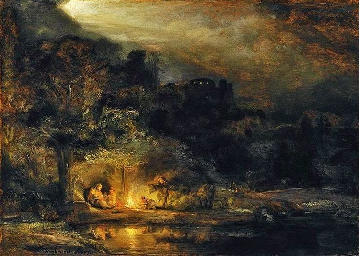 a painting of people sitting around a campfire