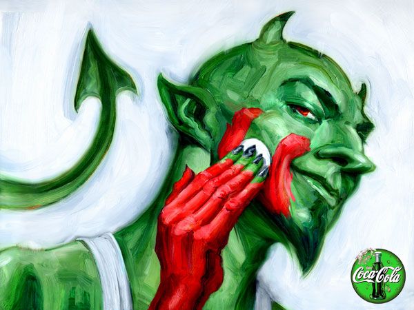 a painting of a man with his face painted green and holding a red object in his hand