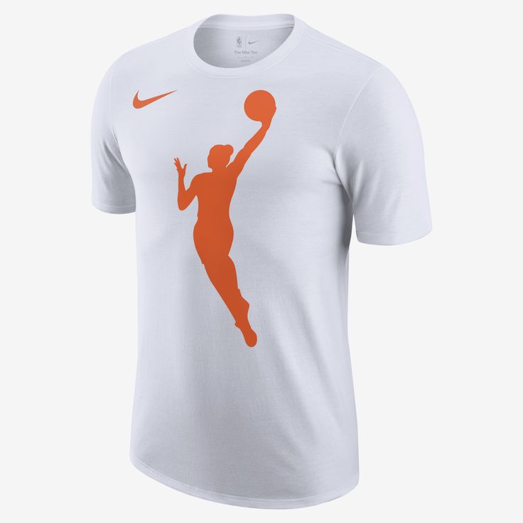 a white shirt with an orange silhouette of a basketball player jumping up to dunk the ball