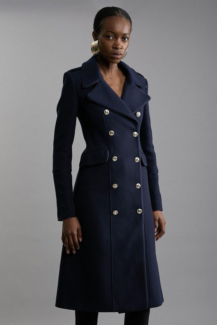 Italian Wool Double Breasted Military Midi Coat | Karen Millen Trendy Coats, Bride Jumpsuit, Petite Wedding Guest Dresses, Plus Size Workwear, Summer Bridesmaid Dresses, Trendy Coat, Italy Outfits, Outfits Petite, Petite Coat