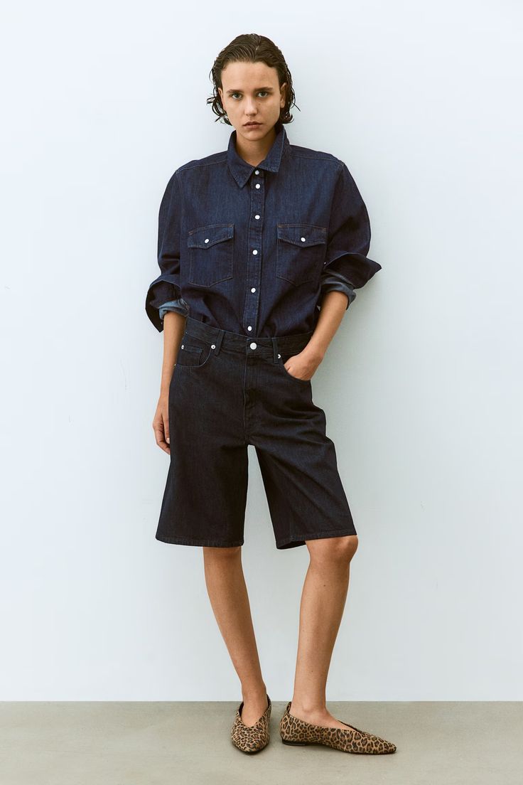 Denim Shirt - Dark denim blue - Ladies | H&M US Spring Relaxed Fit Denim Top With Snap Buttons, Denim Tops With Patch Pockets For Work, Classic Button-up Denim Top With Pockets, Button-up Dark Wash Bottoms For Workwear, Dark Wash Tops With Patch Pockets For Spring, Dark Wash Button-up Relaxed Fit Bottoms, Dark Wash Relaxed Fit Button-up Bottoms, Relaxed Fit Button-up Denim Top With Patch Pockets, Dark Wash Button-up Denim Top With Pockets