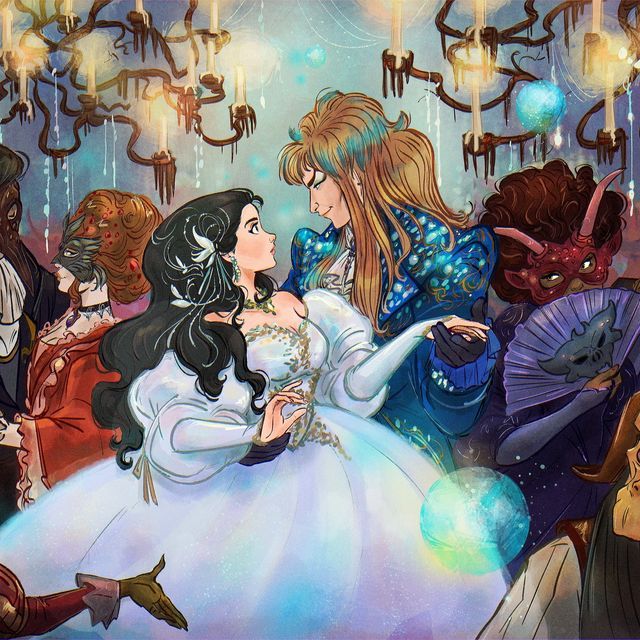 there are many people dressed up as princesses in this painting, and one is holding an umbrella