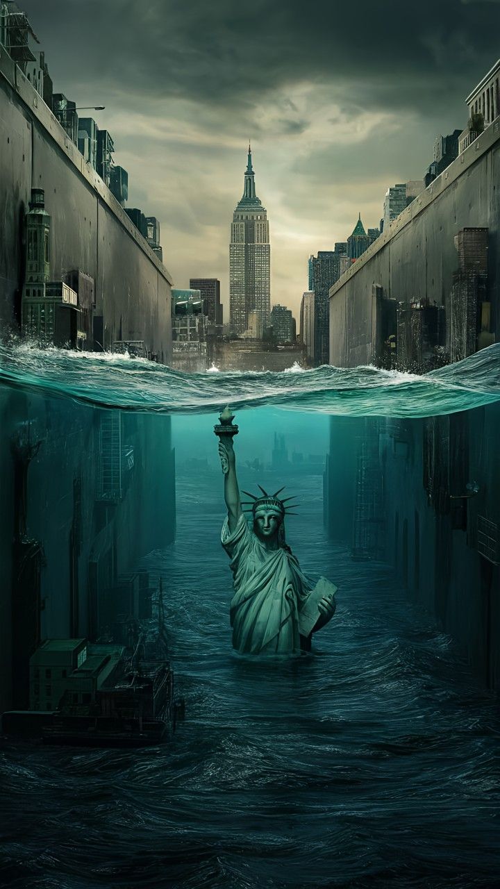 the statue of liberty is submerged in water