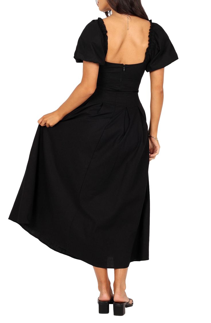 A geometric bodice cutout and voluminous puff sleeves add captivating elements to a midi-length dresses fitted with handy side pockets. Hidden back zip with hook-and-eye closure Sweetheart neck Short sleeves Side-seam pockets Unlined 40% viscose, 40% linen, 10% cotton, 10% polyester Hand wash, dry flat Imported Black Midi Dress With Gathered Sleeves, Midi Dress With Gathered Sleeves And Voluminous Skirt, Black Fitted Maxi Dress With Gathered Sleeves, Voluminous Midi Dress With Gathered Sleeves, Voluminous Skirt Midi Dress With Short Sleeves, Black Midi Dress With Voluminous Skirt For Summer, Black Voluminous Midi Dress For Summer, Chic Puff Sleeve Midi Dress With Ruched Bodice, Chic Puff Sleeve Dress With Ruched Bodice, Midi Length