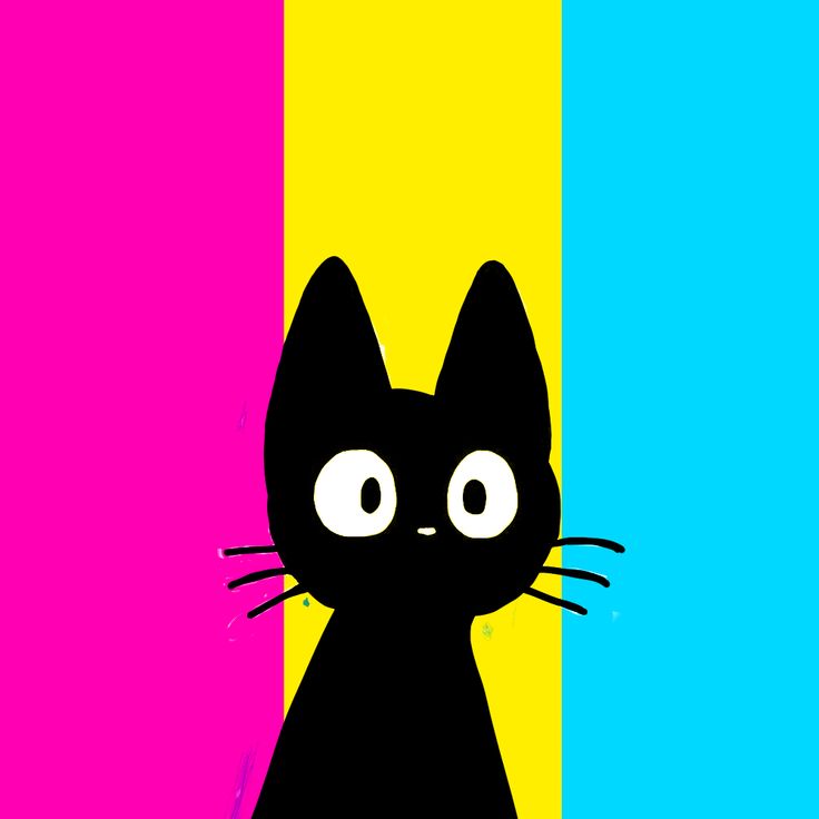 a black cat sitting in front of a rainbow colored background