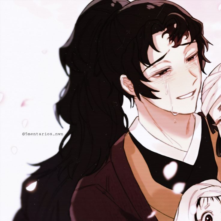 an anime character with long black hair holding a cat