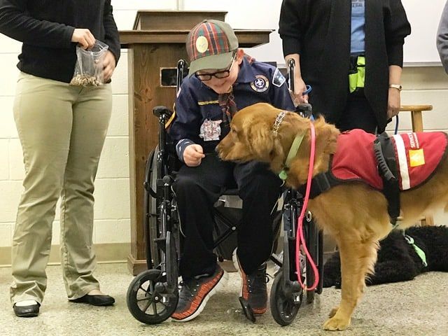 a man in a wheel chair petting a dog with other people standing around him