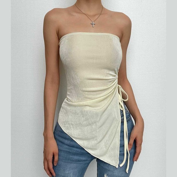 Solid ruched drawstring slit irregular tube top Rockstar Fashion, Ropa Upcycling, Tube Top Outfits, Mode Zara, Girly Outfits, Looks Vintage, Trendy Tops, Grunge Fashion, Tube Top