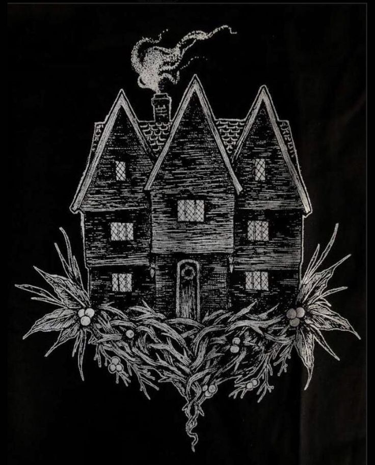 Witch House~ Black Veil Tattoo Witch House Tattoo, Practical Magic House Tattoo, Gothic House Tattoo, Salem Witch House Tattoo, Witch House Drawing, Salem Witch Tattoo, Black Veil Tattoo Salem, Creepy House Tattoo Design, Black Veil Tattoo