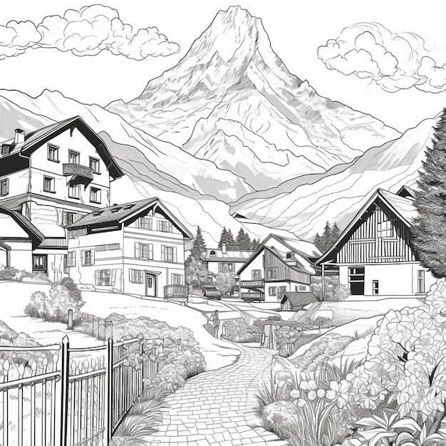 a black and white drawing of houses in the mountains with snow capped mountains behind them