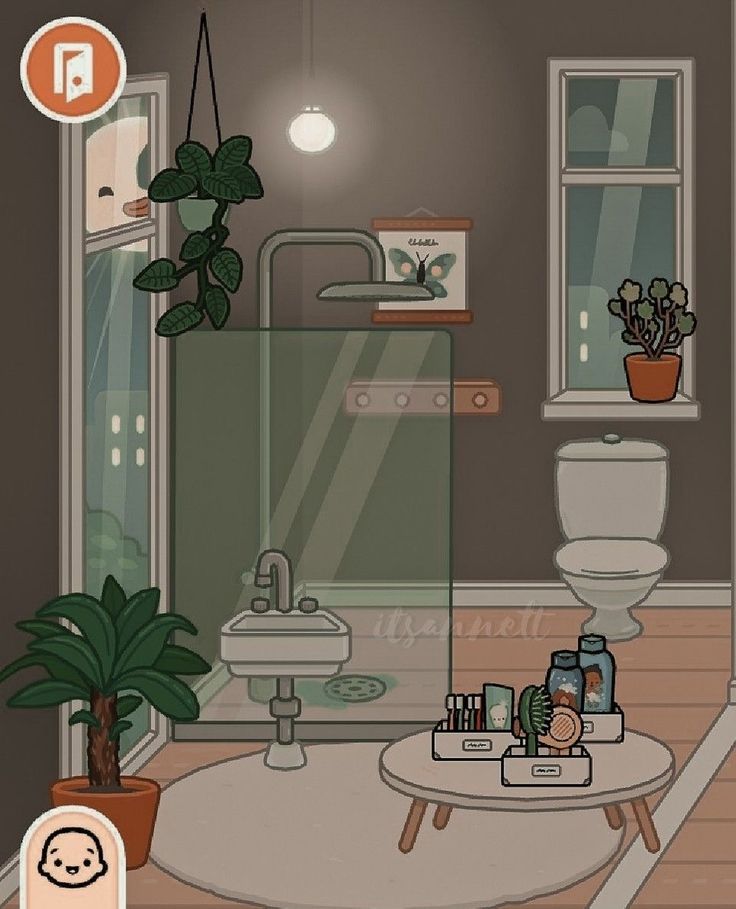 an animated bathroom with plants and toiletries on the coffee table in front of it