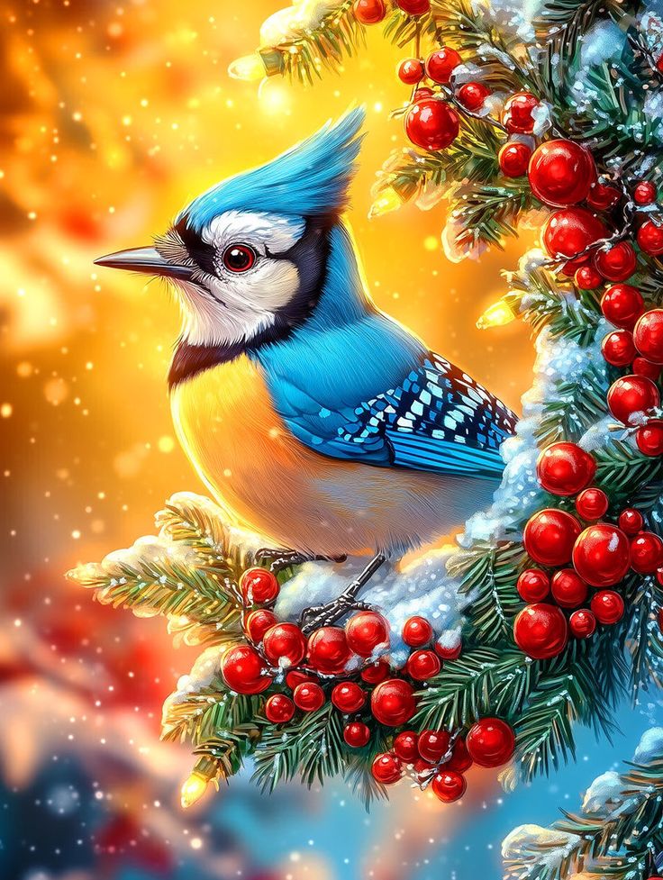 a painting of a blue jay perched on a christmas tree branch with berries and pine cones