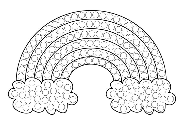 a drawing of a rainbow with clouds and dots on the bottom, in black and white