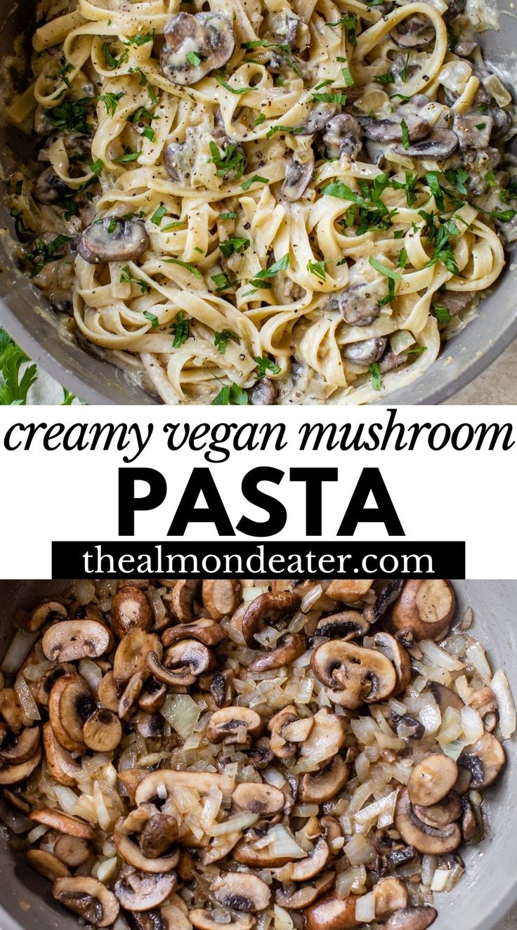 creamy vegan mushroom pasta in a pan with parsley